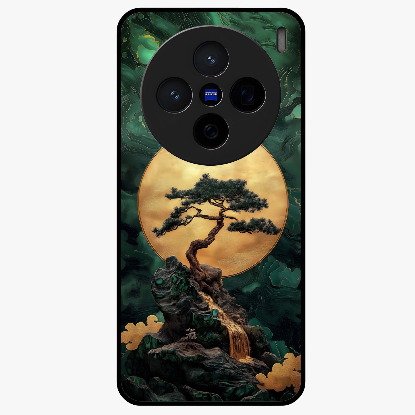 Zen Moon Rise Glass Case showing flat back view with calm moonrise artwork and glossy glass finish.