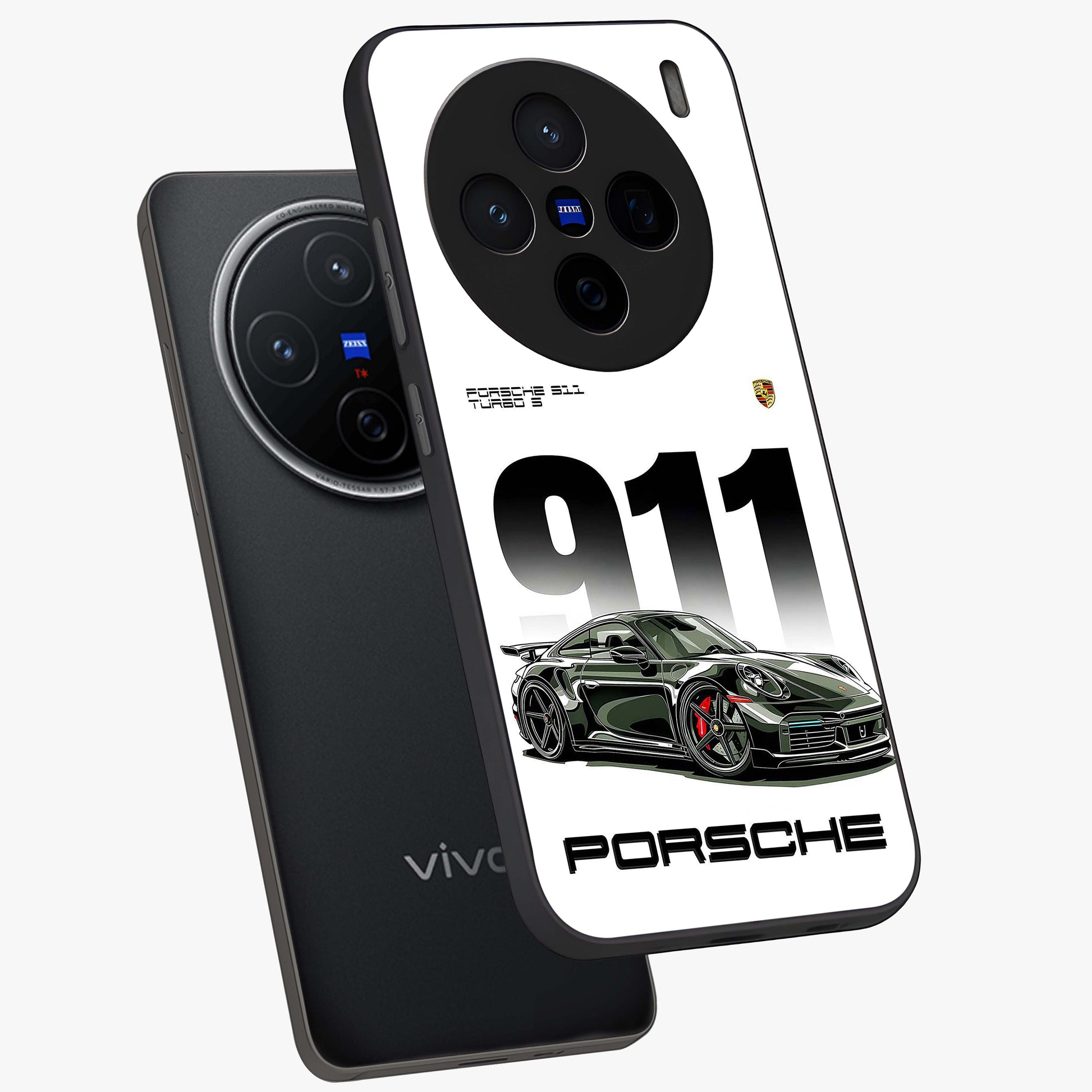 911 Turbo Dominance Glass Case displayed in premium angled mockup highlighting sporty car illustration and sleek glass surface.