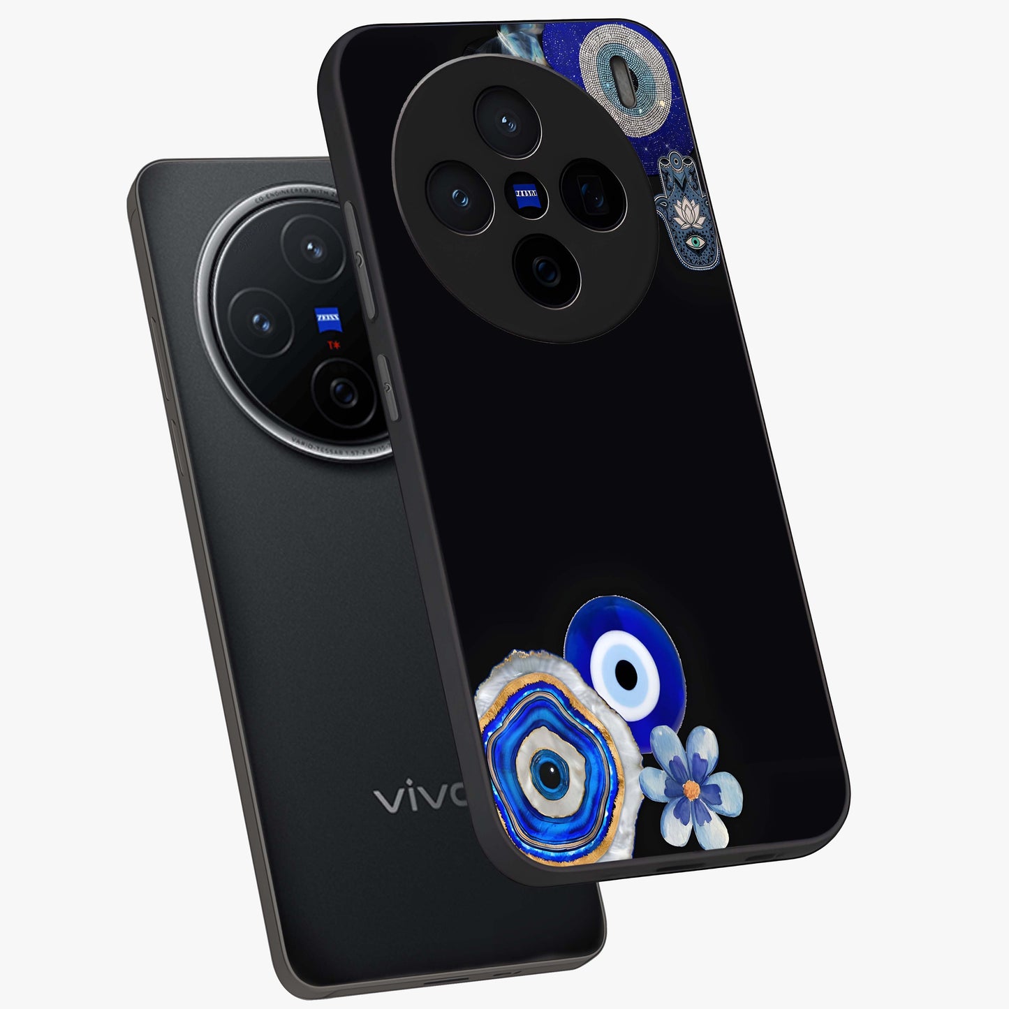 Aesthetic Blue Evil Eye Glass Case displayed in angled mockup highlighting blue evil eye symbol and spiritual aesthetic design.