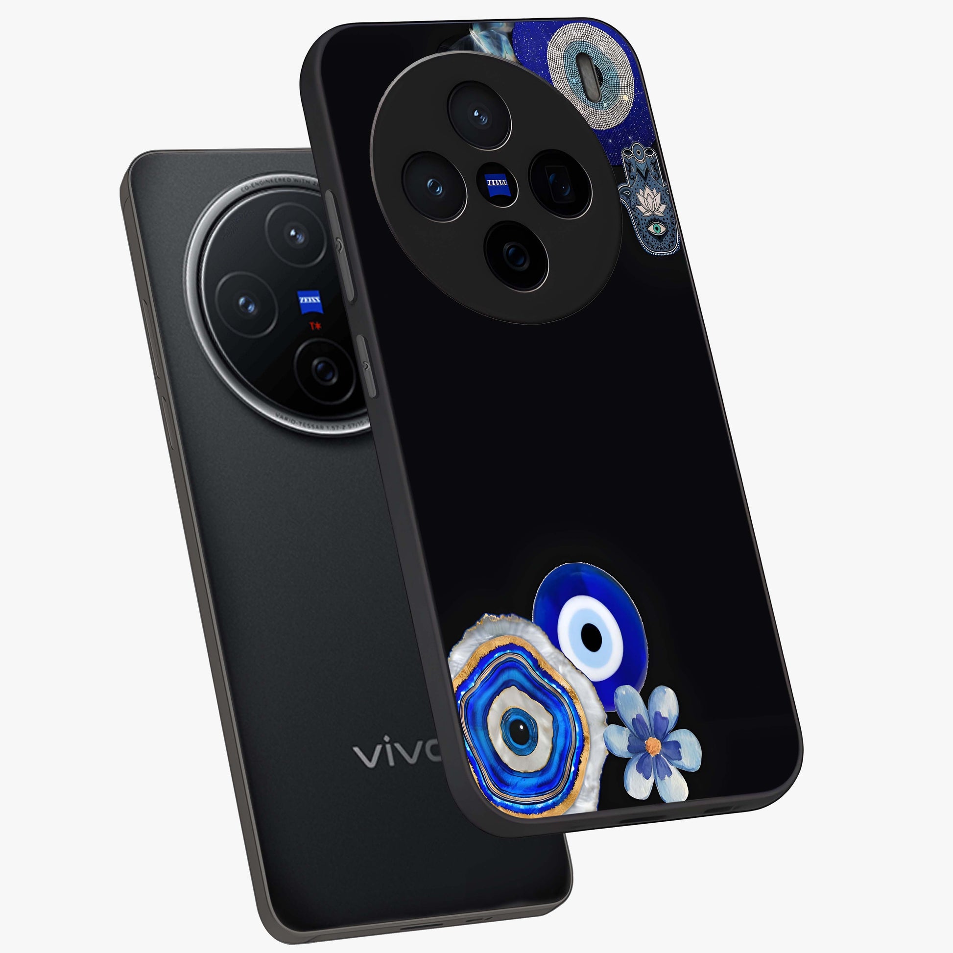 Aesthetic Blue Evil Eye Glass Case displayed in angled mockup highlighting blue evil eye symbol and spiritual aesthetic design.
