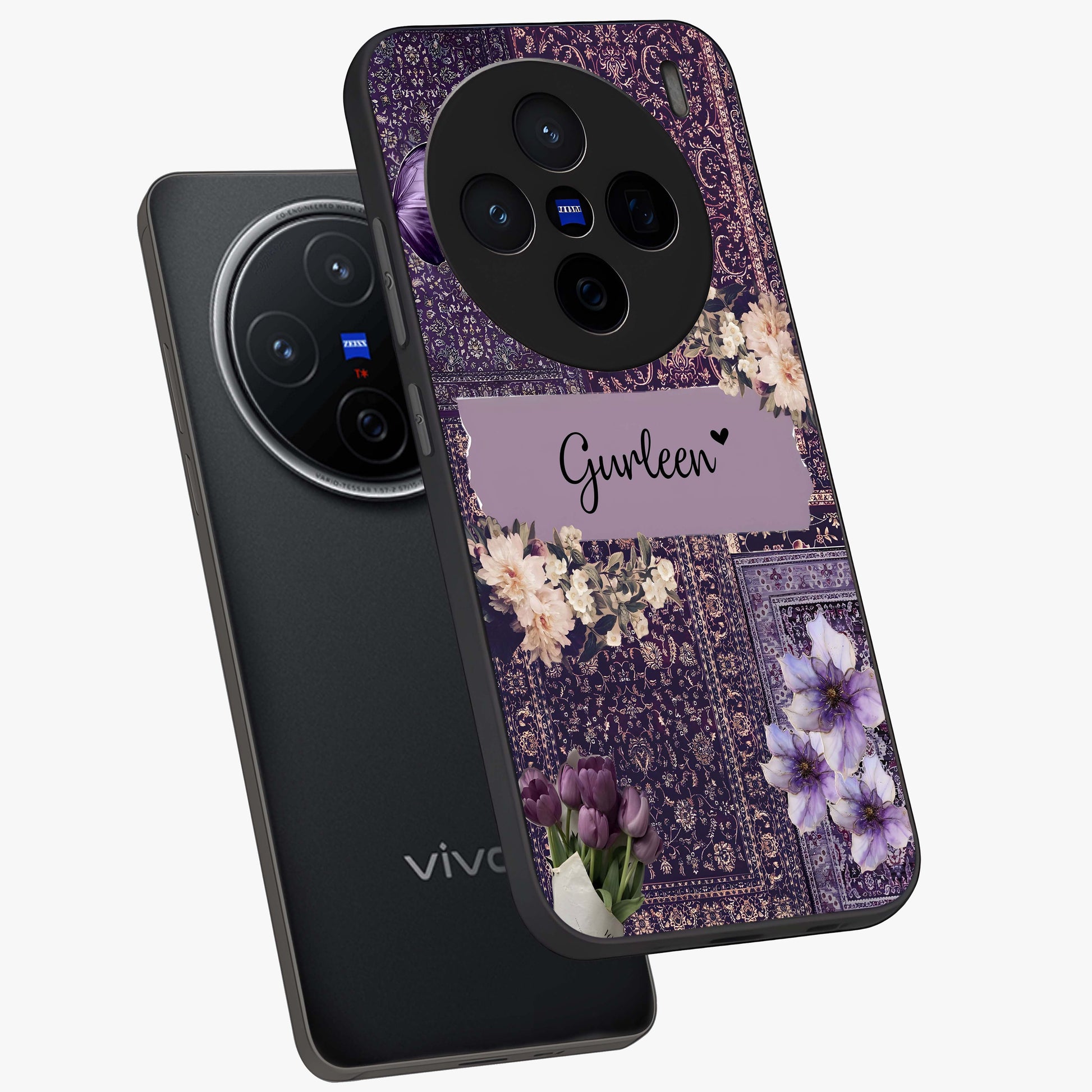 Antique Floral Whisper Custom Name Glass Case displayed in angled mockup highlighting elegant antique floral aesthetic.