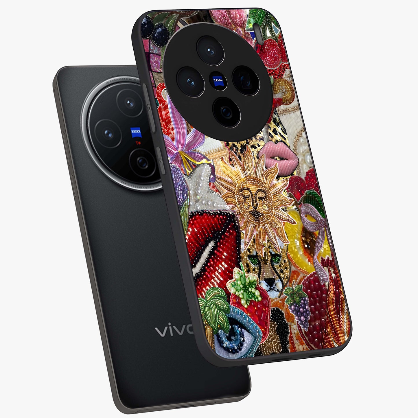 Beaded Fashion Jungle Glass Case displayed in angled mockup highlighting colorful fashion bead design and artistic pattern.