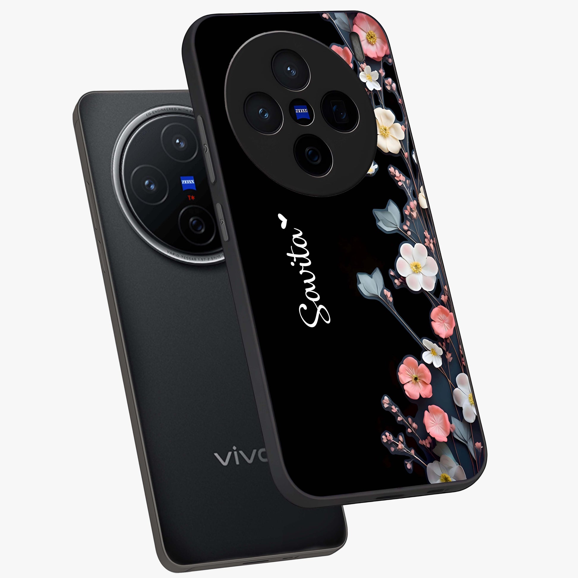 Black Elegance Floral Custom Name Glass Case displayed in angled mockup highlighting dark floral aesthetic and custom name feature.