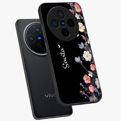 Black Elegance Floral Custom Name Glass Case displayed in angled mockup highlighting dark floral aesthetic and custom name feature.