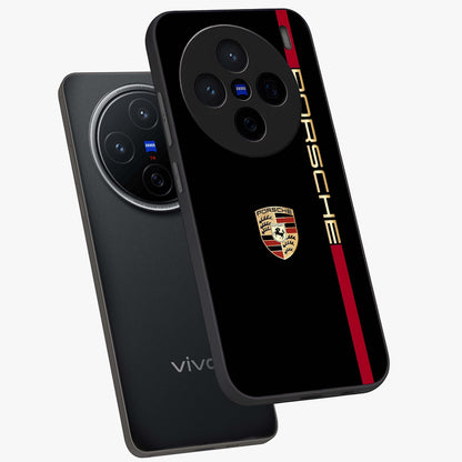 Black Minimal Porsche Glass Case displayed in angled mockup highlighting modern minimal car illustration and clean aesthetic design.
