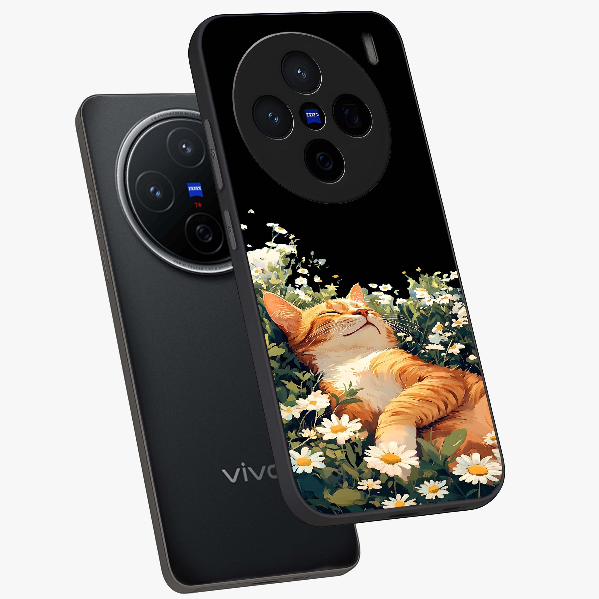 Blissful Bloom Cat Glass Case displayed in angled mockup highlighting playful feline illustration with soft floral aesthetic.