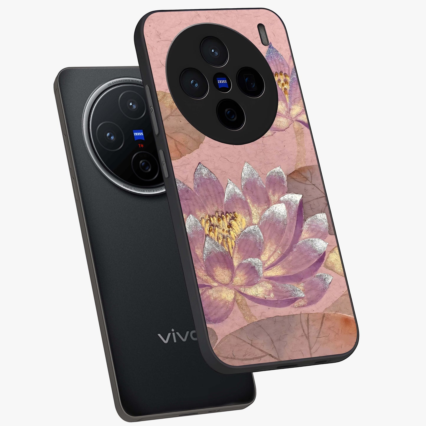 Blossom Mist Lotus Glass Case displayed in angled mockup highlighting delicate lotus illustration with calm aesthetic theme.
