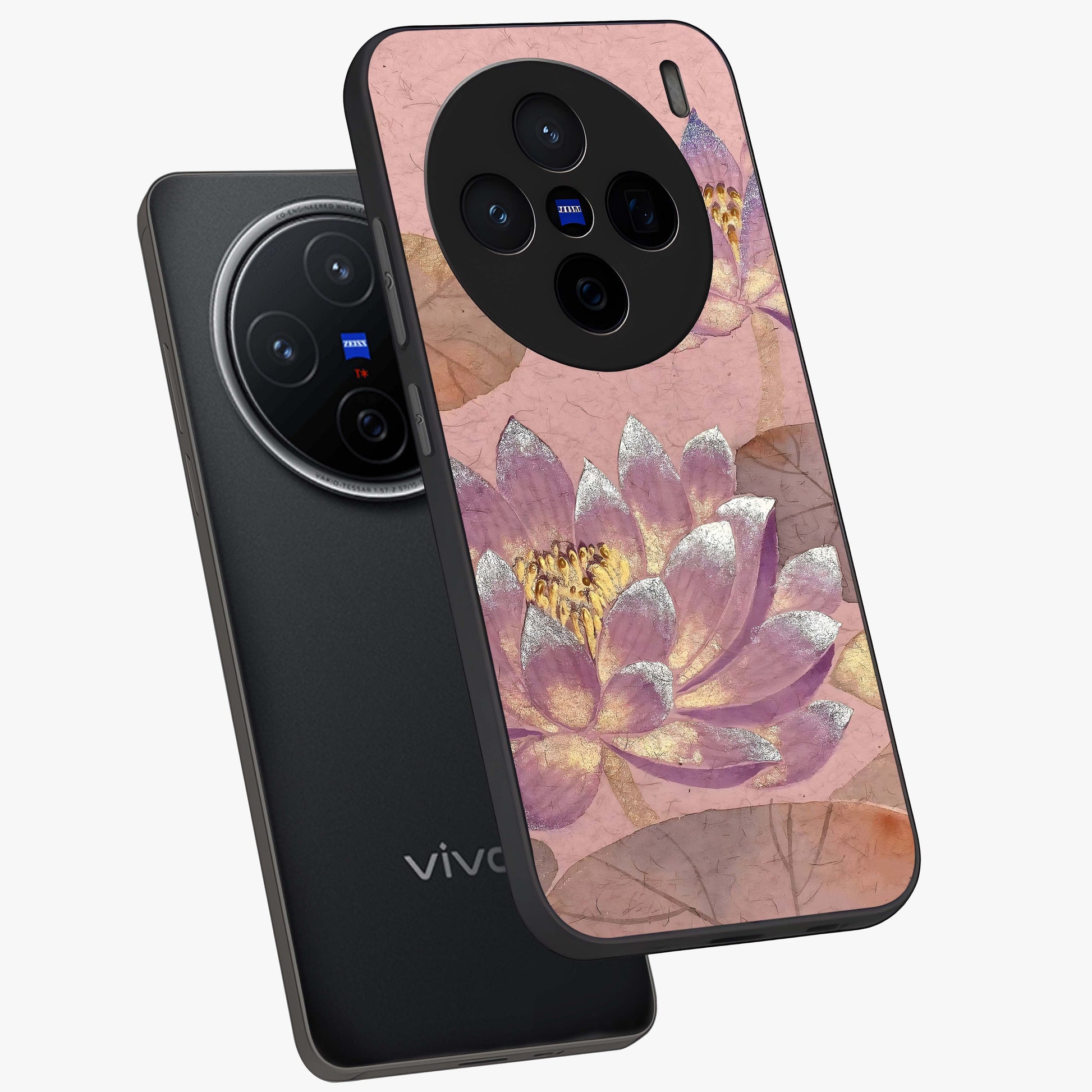 Blossom Mist Lotus Glass Case displayed in angled mockup highlighting delicate lotus illustration with calm aesthetic theme.