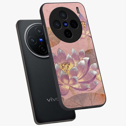 Blossom Mist Lotus Glass Case displayed in angled mockup highlighting delicate lotus illustration with calm aesthetic theme.