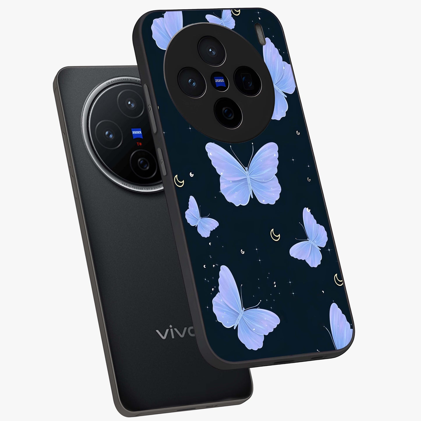 Butterfly With Stars Pattern Glass Case displayed in angled mockup highlighting dreamy butterfly and star design with aesthetic theme.