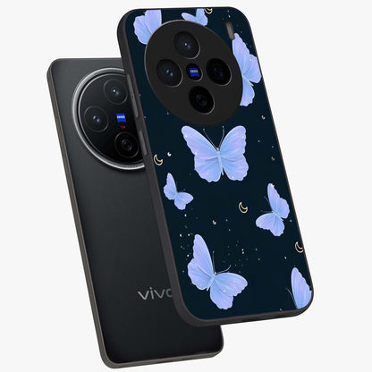 Butterfly With Stars Pattern Glass Case displayed in angled mockup highlighting dreamy butterfly and star design with aesthetic theme.