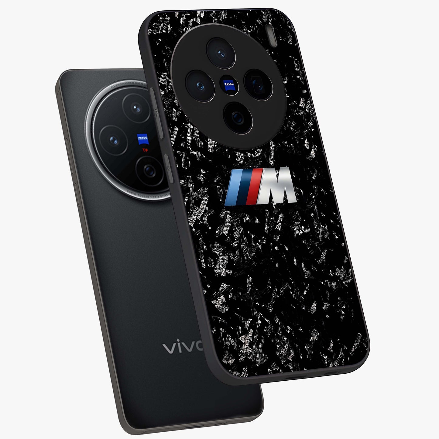 Carbon Speed Mark Glass Case displayed in angled mockup highlighting racing inspired carbon design and sleek aesthetic style.