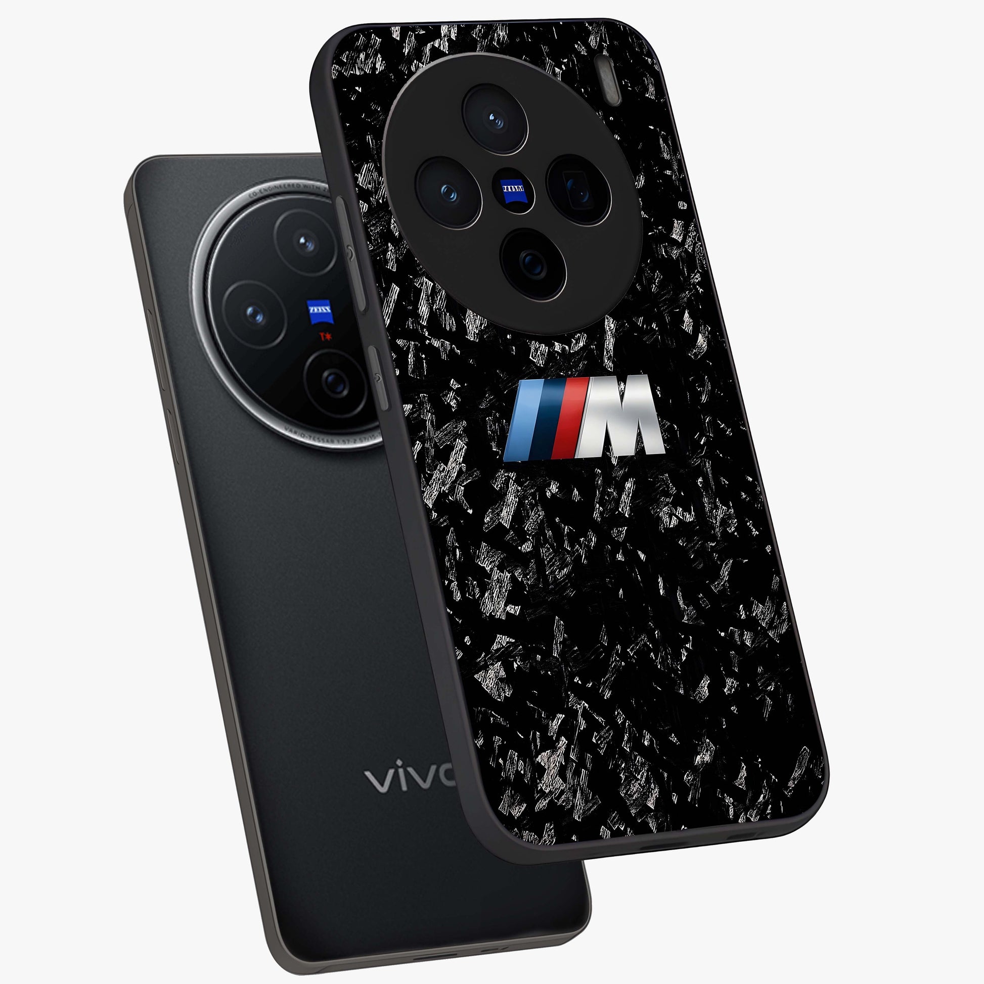 Carbon Speed Mark Glass Case displayed in angled mockup highlighting racing inspired carbon design and sleek aesthetic style.