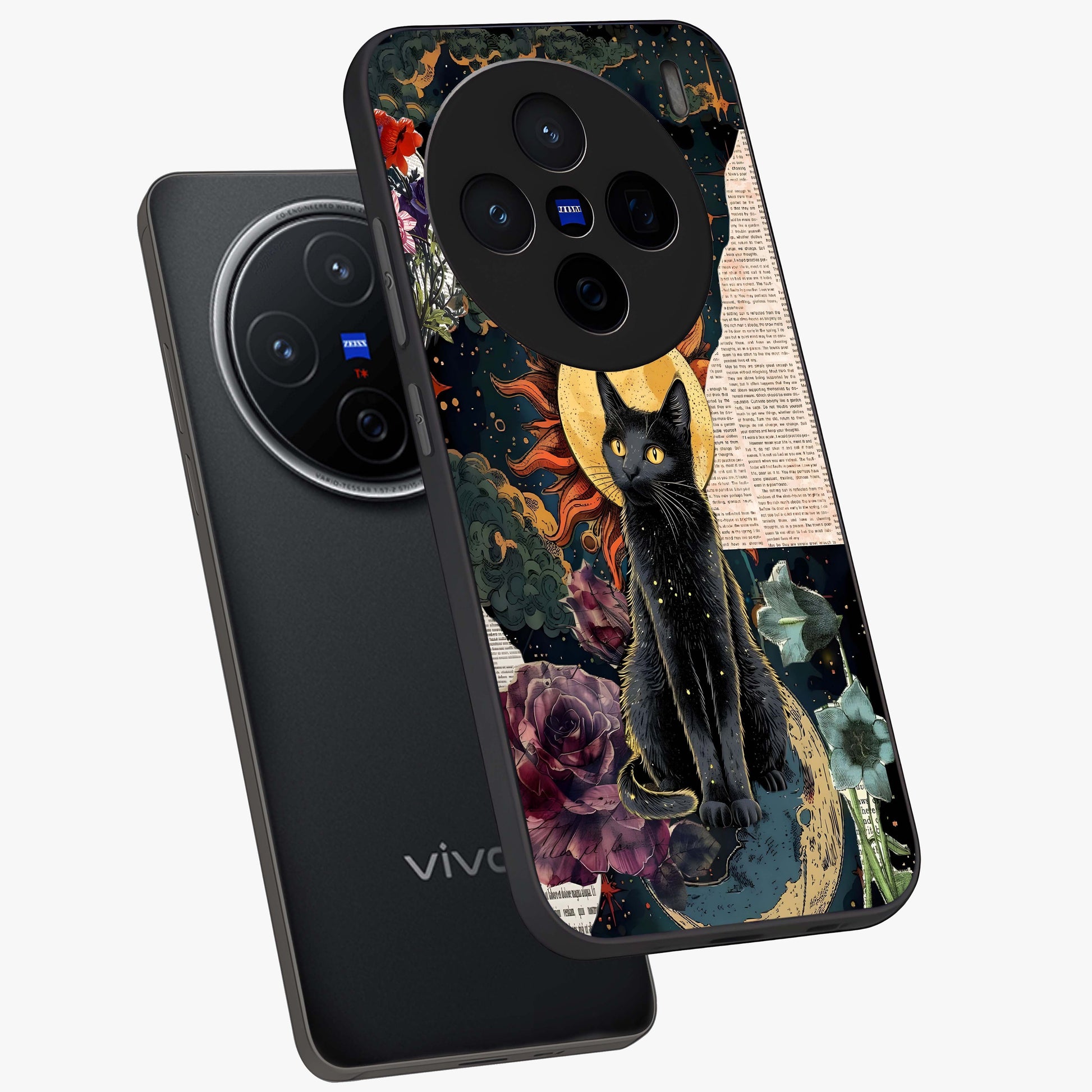 Celestial Black Cat Glass Case displayed in angled mockup highlighting cosmic black cat design with celestial aesthetic.