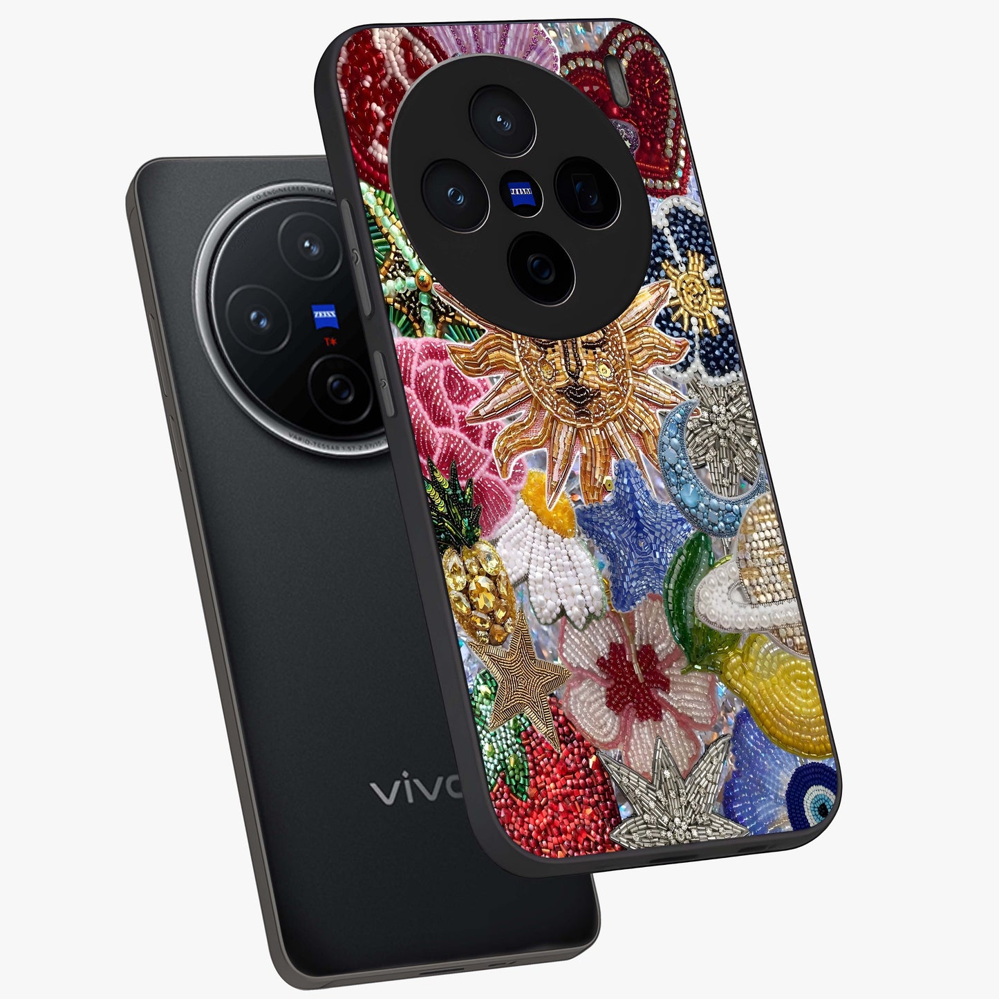 Celestial Floral and Playful Glass Case displayed in angled mockup highlighting playful floral design with dreamy celestial elements.