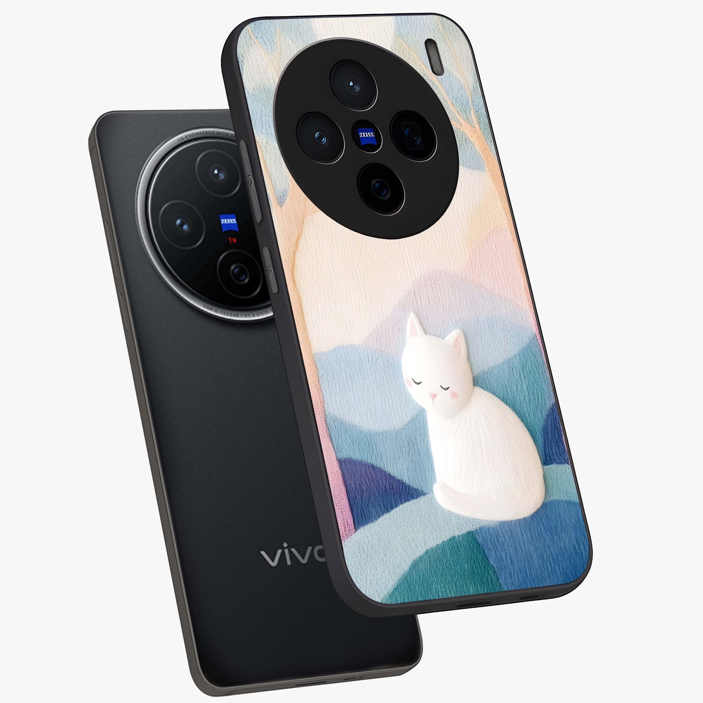 Cotton Dream Cat Glass Case displayed in angled mockup highlighting cute feline illustration with pastel aesthetic style.
