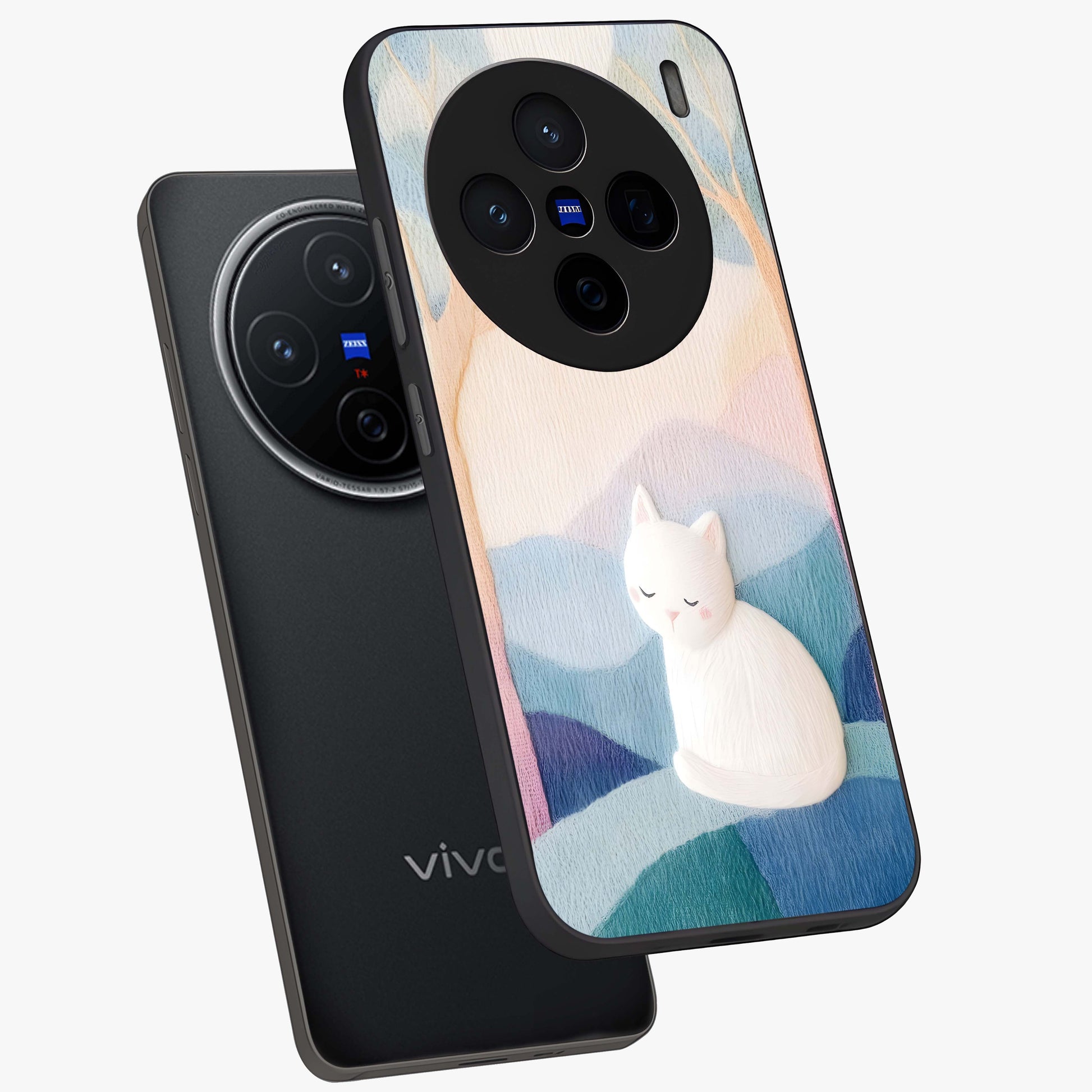 Cotton Dream Cat Glass Case displayed in angled mockup highlighting cute feline illustration with pastel aesthetic style.