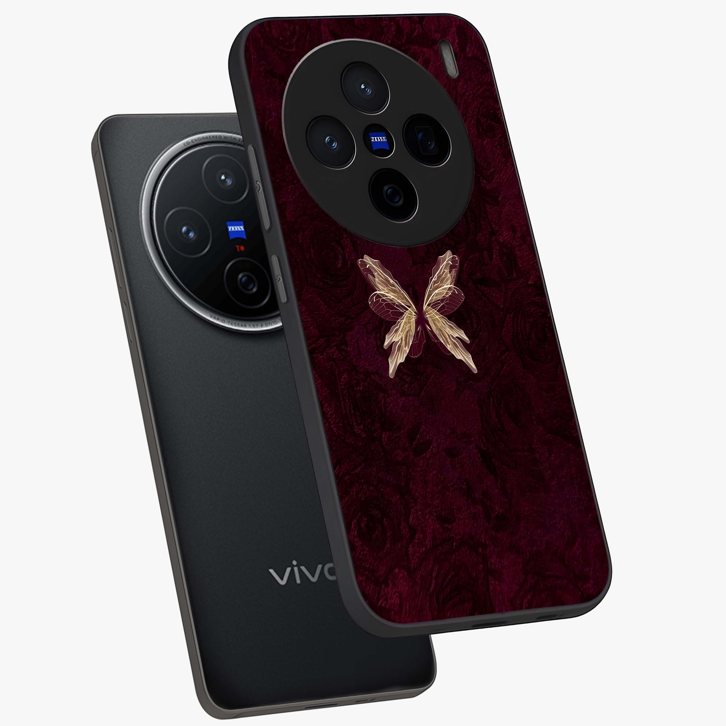 Crimson Fade Butterfly Glass Case displayed in angled mockup highlighting elegant butterfly design with crimson gradient aesthetic.