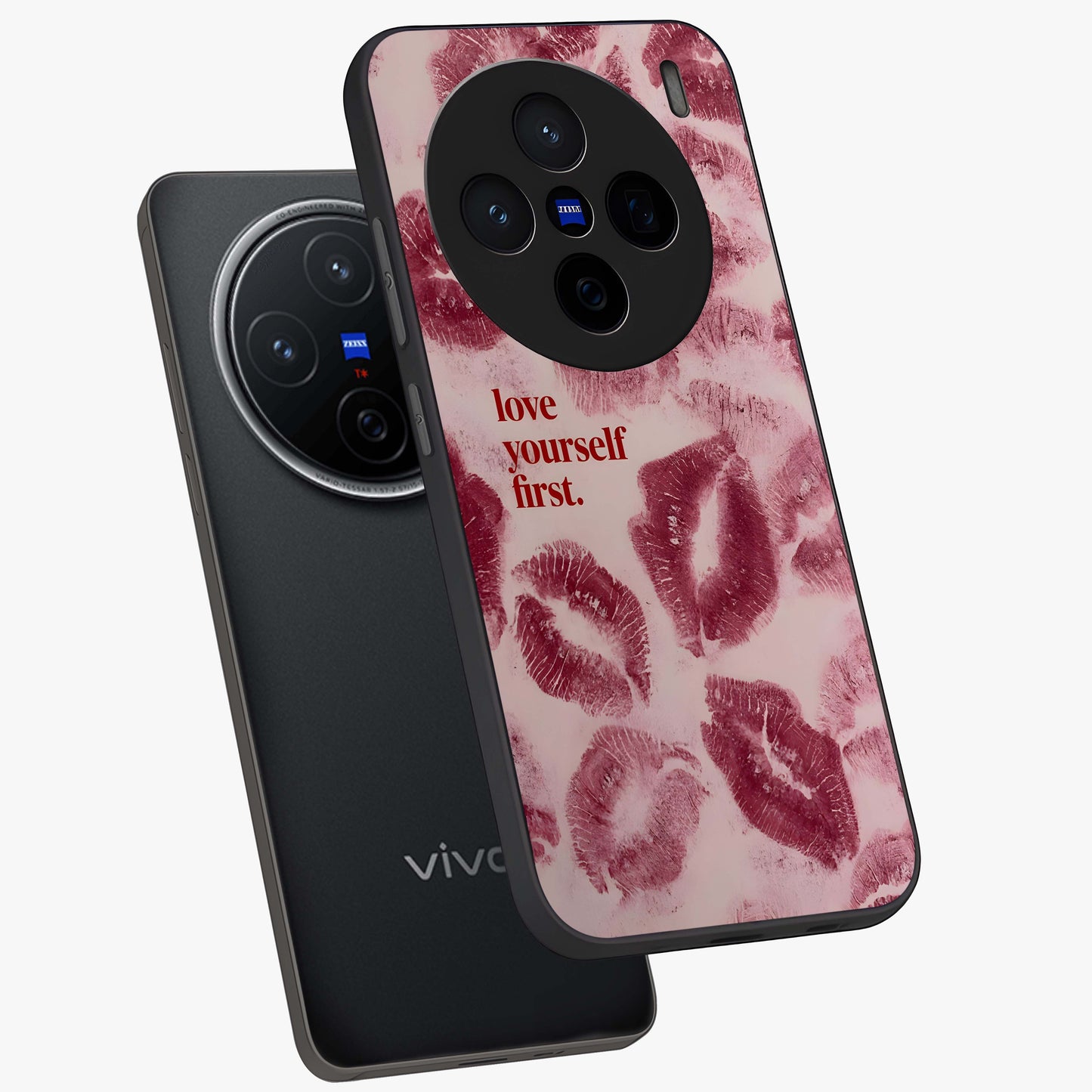 Crimson Kiss Love Glass Case displayed in angled mockup highlighting bold love inspired design with modern aesthetic style.