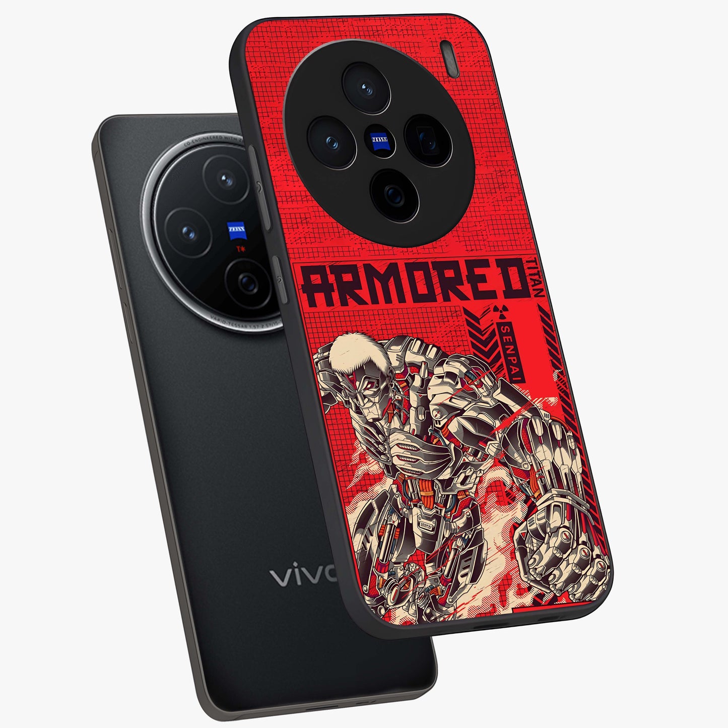 Crimson Mecha Titan Glass Case displayed in angled mockup highlighting futuristic mech illustration with bold crimson aesthetic.