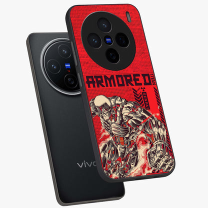 Crimson Mecha Titan Glass Case displayed in angled mockup highlighting futuristic mech illustration with bold crimson aesthetic.
