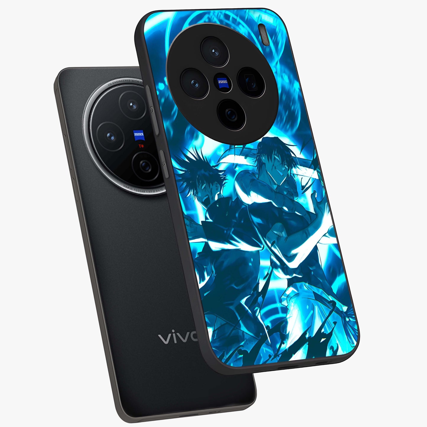 Cursed Energy Clash Glass Case displayed in angled mockup highlighting powerful battle inspired graphic with anime style aesthetic.