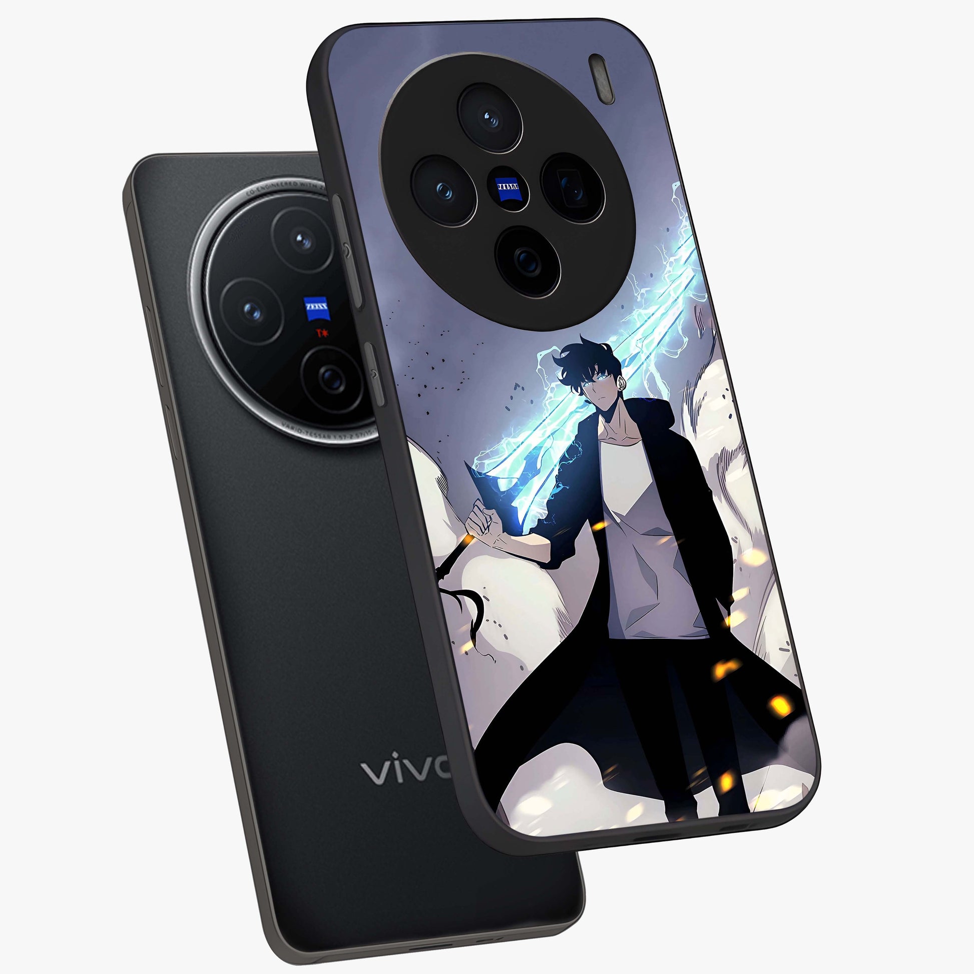 Dark Lightning Anime Warrior Glass Case displayed in angled mockup highlighting powerful lightning themed anime illustration.