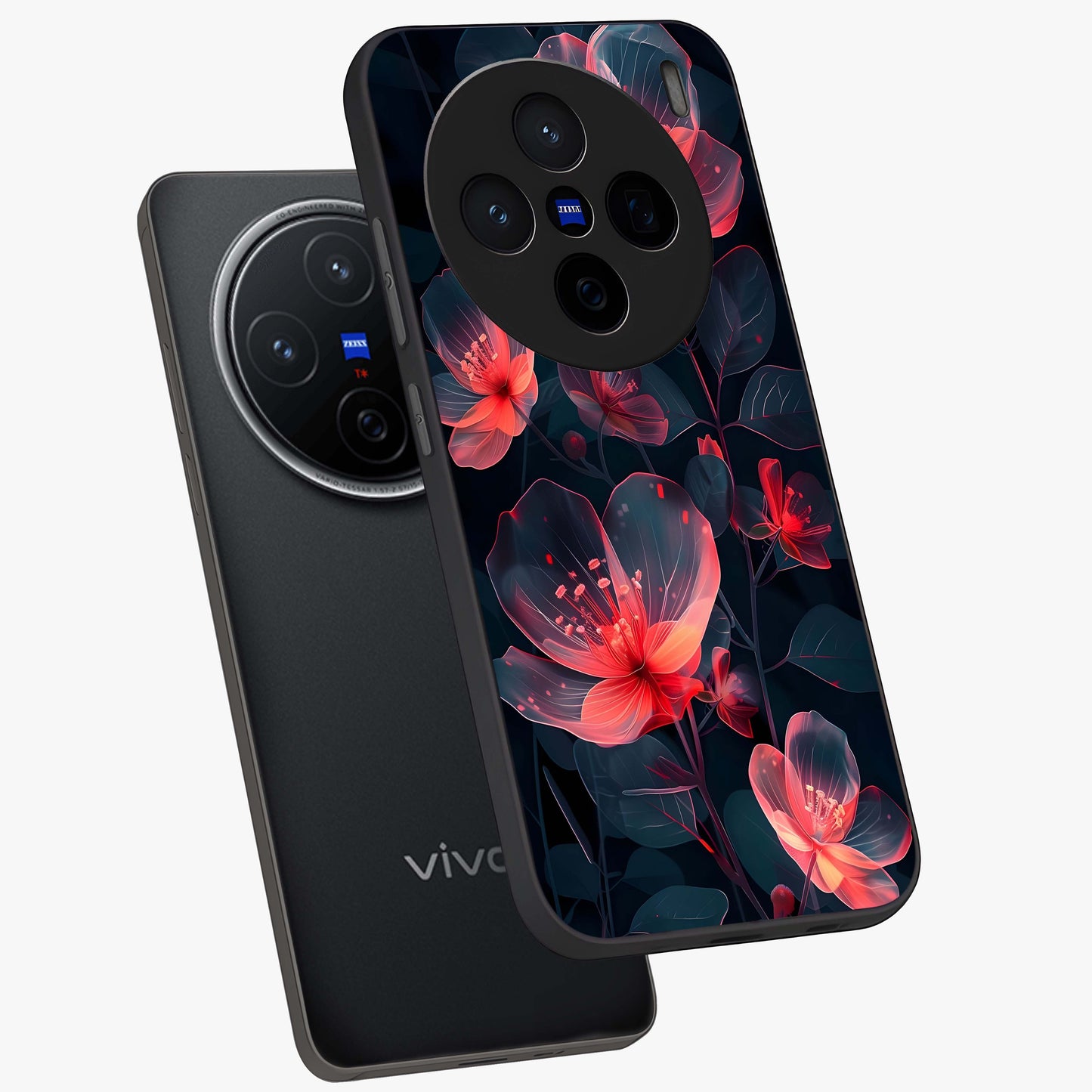 Dark Shade of Flower Glass Case displayed in angled mockup highlighting moody floral illustration with aesthetic dark tones.
