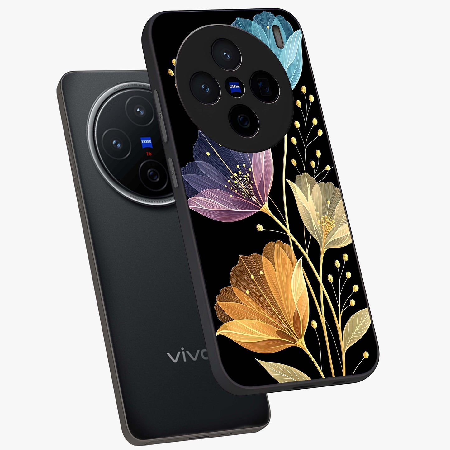 Delicate Multicolor Flowers Glass Case displayed in angled mockup highlighting colorful flower pattern with soft aesthetic style.