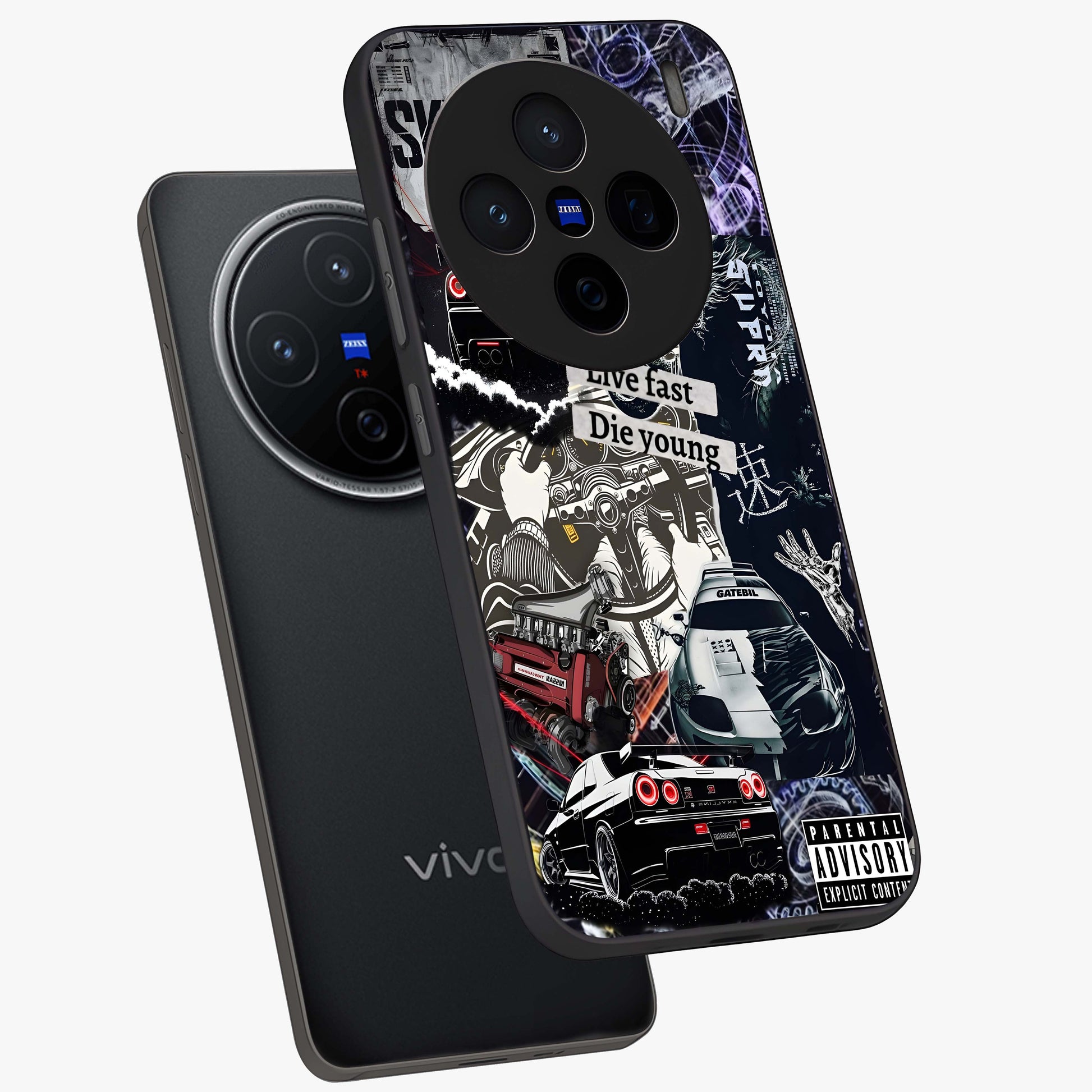 Die Young Glass Case displayed in angled mockup highlighting expressive graphic artwork with edgy aesthetic style.