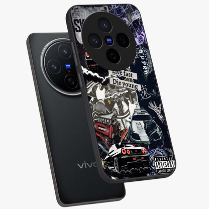 Die Young Glass Case displayed in angled mockup highlighting expressive graphic artwork with edgy aesthetic style.