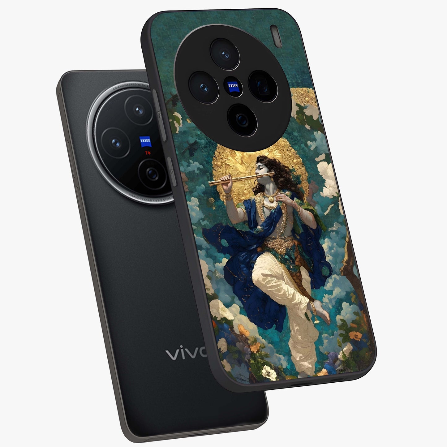 Divine Krishna Art Glass Case displayed in angled mockup highlighting spiritual Krishna illustration with devotional aesthetic.