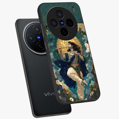 Divine Krishna Art Glass Case displayed in angled mockup highlighting spiritual Krishna illustration with devotional aesthetic.