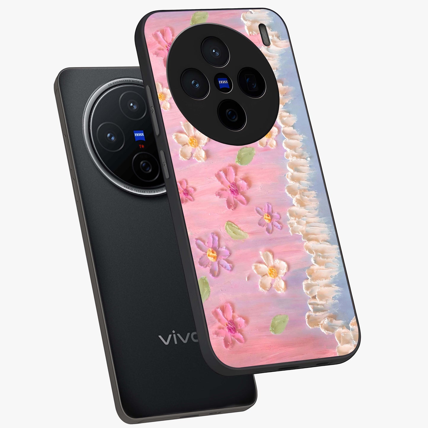 Dreamy Painted Garden Glass Case displayed in angled mockup highlighting colorful garden illustration with dreamy aesthetic style.