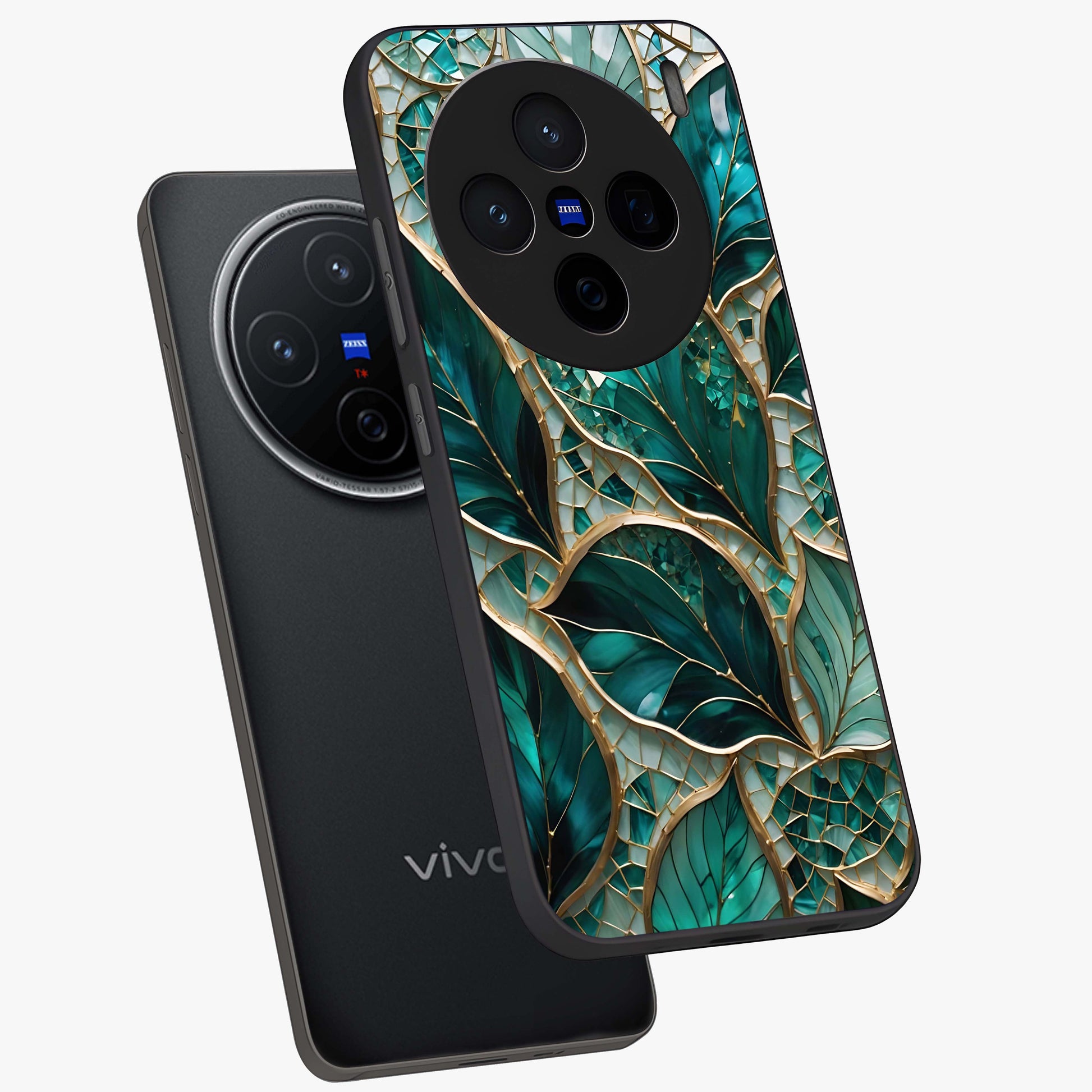 Emerald Leaf Glass Glass Case displayed in angled mockup highlighting botanical leaf illustration with elegant natural aesthetic.
