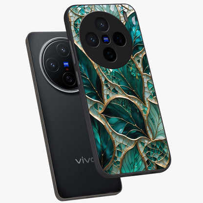 Emerald Leaf Glass Glass Case displayed in angled mockup highlighting botanical leaf illustration with elegant natural aesthetic.