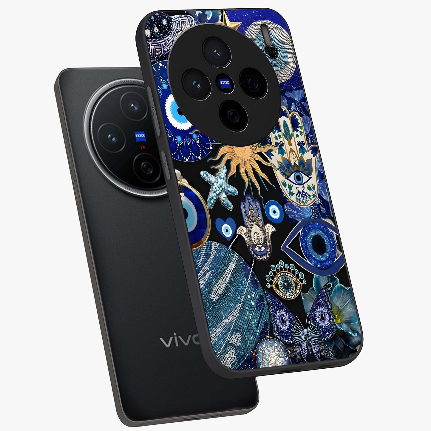 Evil Eye Charm Mix Glass Case displayed in angled mockup highlighting protective evil eye symbols with spiritual aesthetic design.