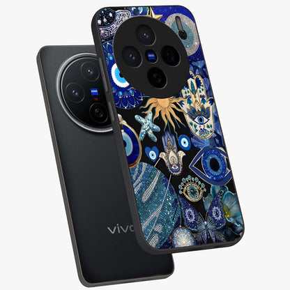 Evil Eye Charm Mix Glass Case displayed in angled mockup highlighting protective evil eye symbols with spiritual aesthetic design.
