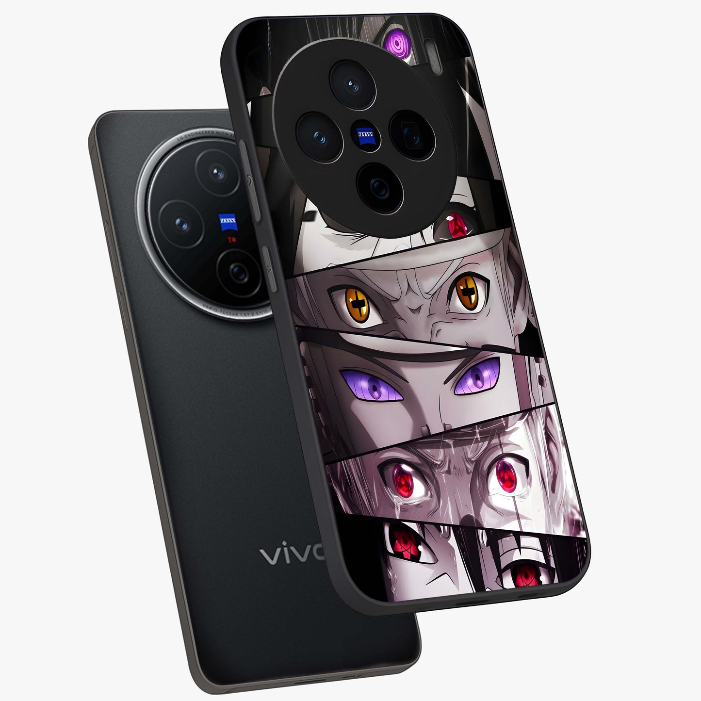Eyes of Destiny Glass Case displayed in angled mockup highlighting bold eye illustration with mystical aesthetic style.