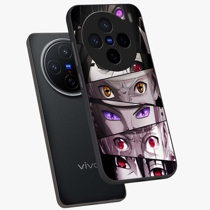 Eyes of Destiny Glass Case displayed in angled mockup highlighting bold eye illustration with mystical aesthetic style.