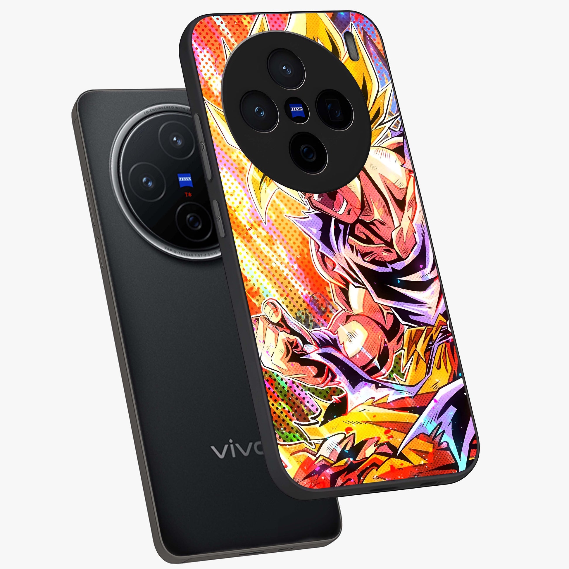 Firing Goku Glass Case displayed in angled mockup highlighting dynamic anime character design with action aesthetic.