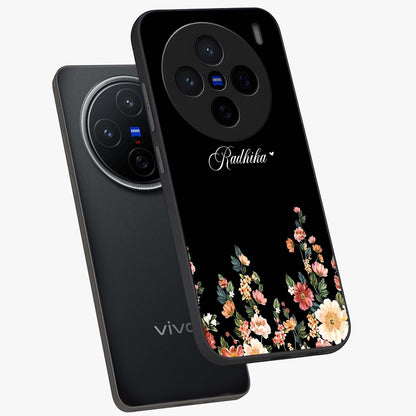 Floral Design With a Custom Personalized Name Glass Case displayed in angled mockup highlighting elegant floral pattern with custom name feature.