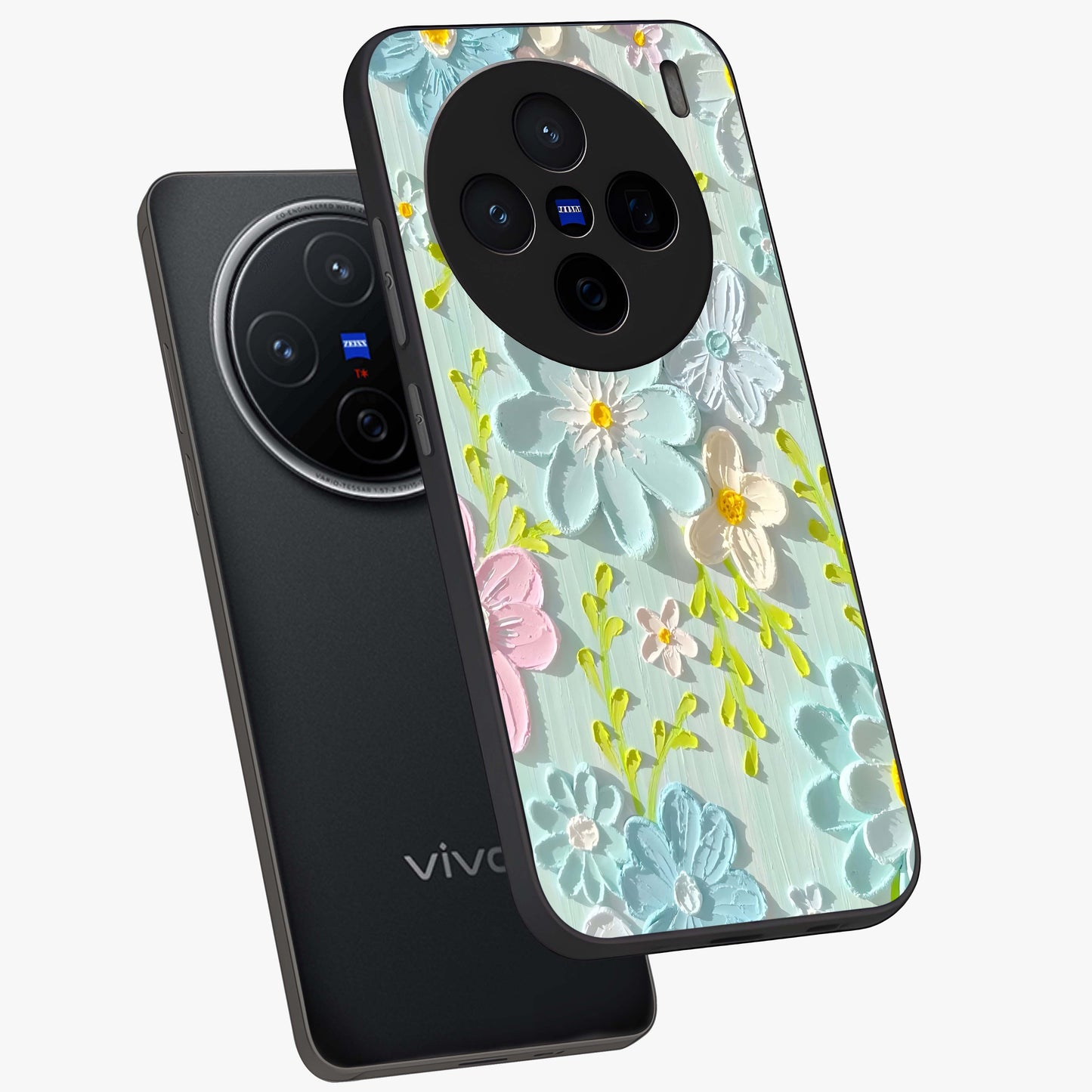 Frosted Petal Garden Glass Case displayed in angled mockup highlighting delicate flower petal design with calm garden aesthetic.