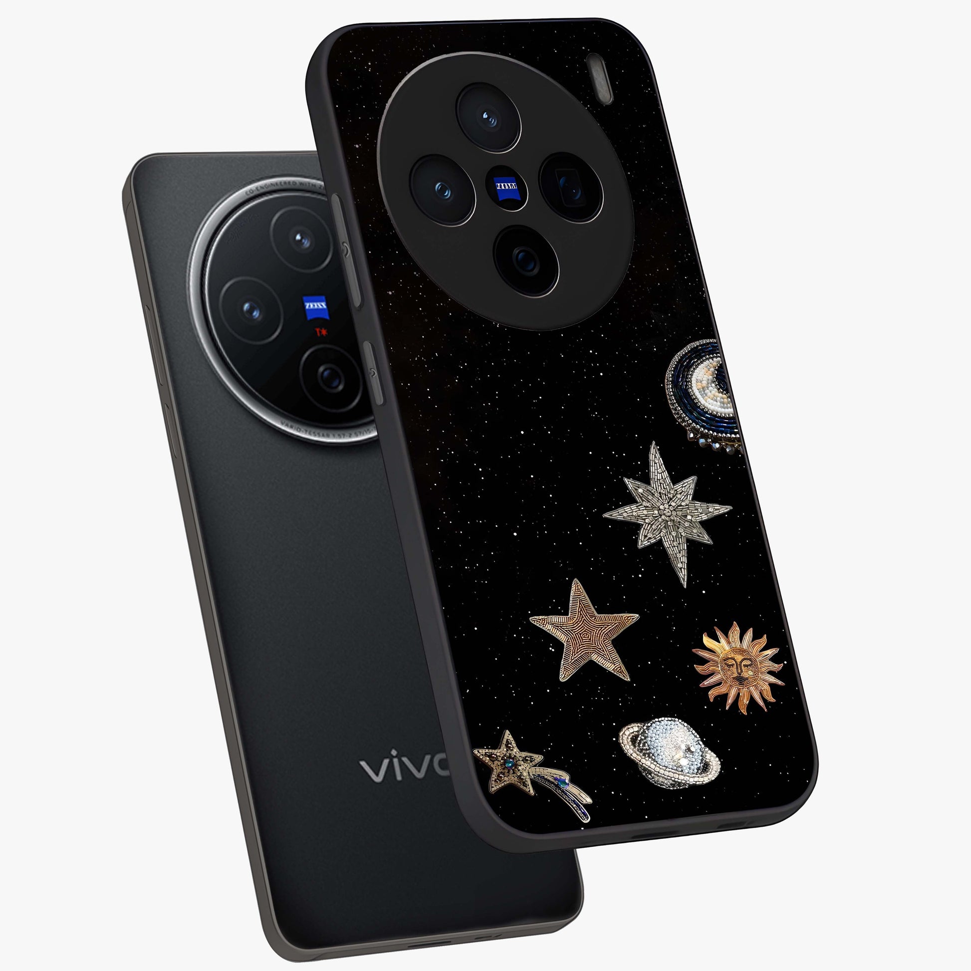 Galactic Charm Glow Glass Case displayed in angled mockup highlighting luminous galaxy inspired design with dreamy aesthetic.