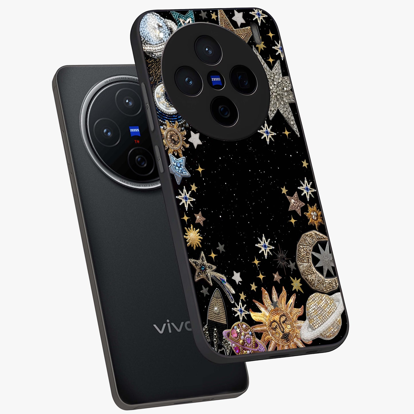 Galactic Jewel Stars Glass Case displayed in angled mockup highlighting shining celestial star design with cosmic aesthetic style.