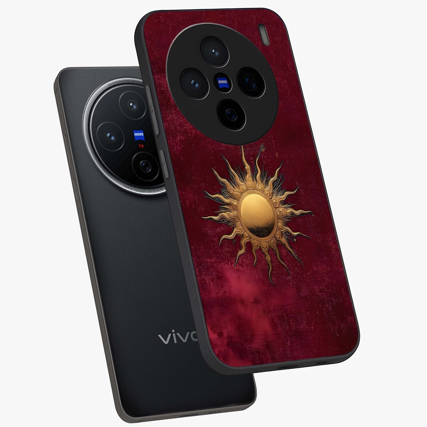 Golden Sun Minimalism Glass Case displayed in angled mockup highlighting clean sun symbol design with modern minimal aesthetic.