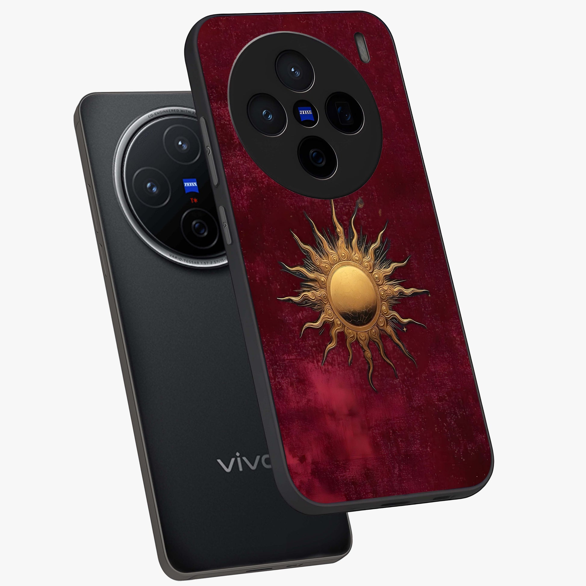 Golden Sun Minimalism Glass Case displayed in angled mockup highlighting clean sun symbol design with modern minimal aesthetic.