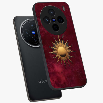 Golden Sun Minimalism Glass Case displayed in angled mockup highlighting clean sun symbol design with modern minimal aesthetic.