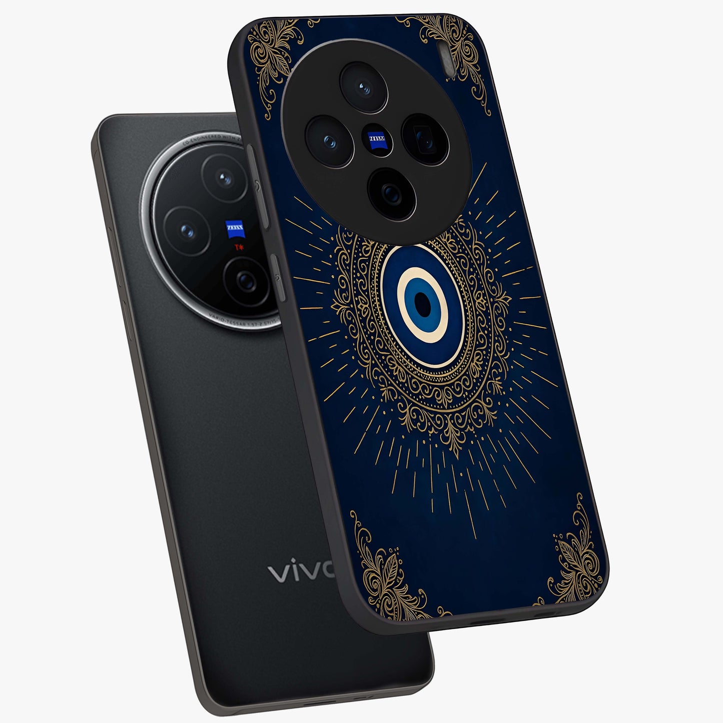 Golden Celestial Charm Glass Case displayed in angled mockup highlighting sparkling cosmic charm design with celestial aesthetic.