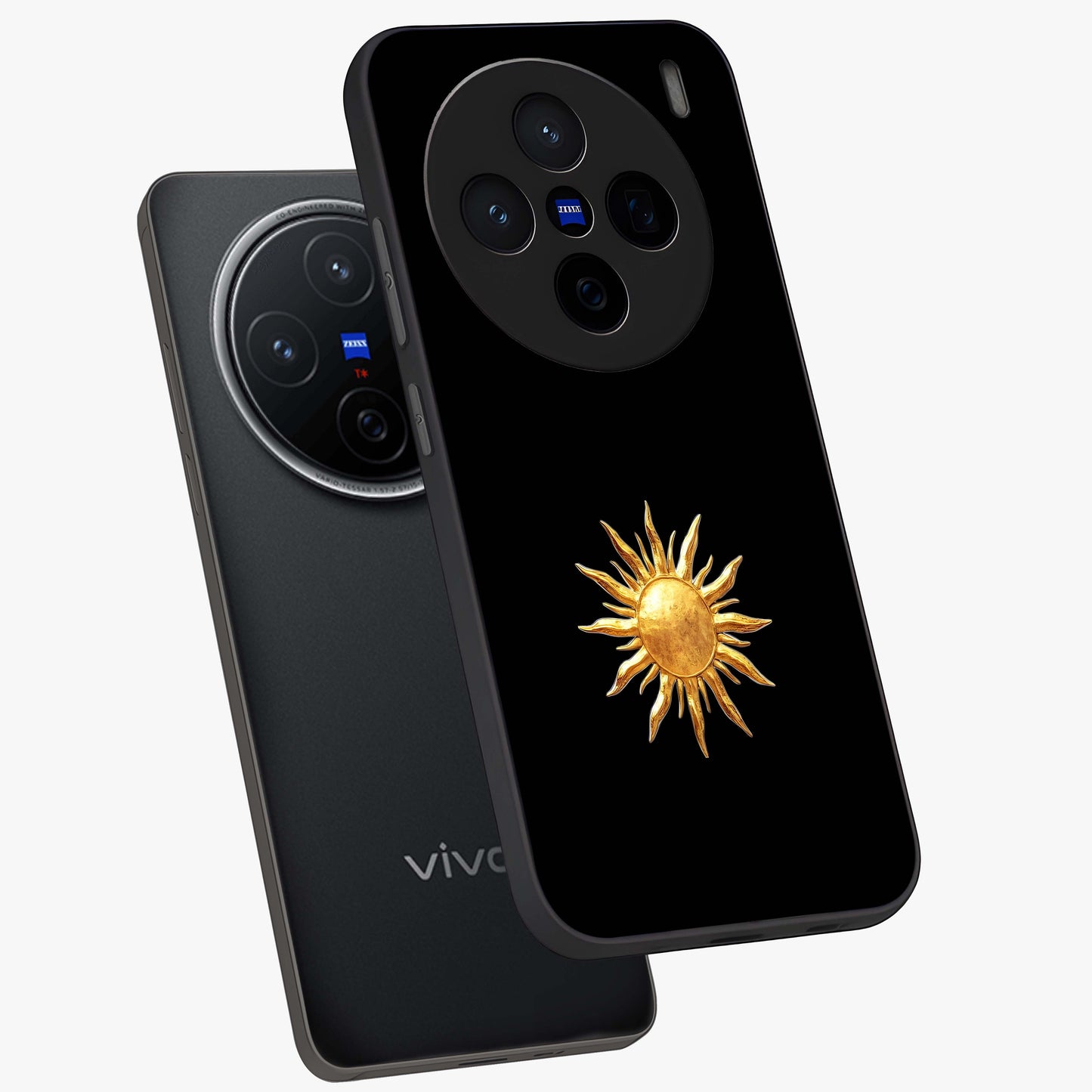 Golden Sun Minimalism Glass Case displayed in angled mockup highlighting eerie shadow illustration with gothic aesthetic.